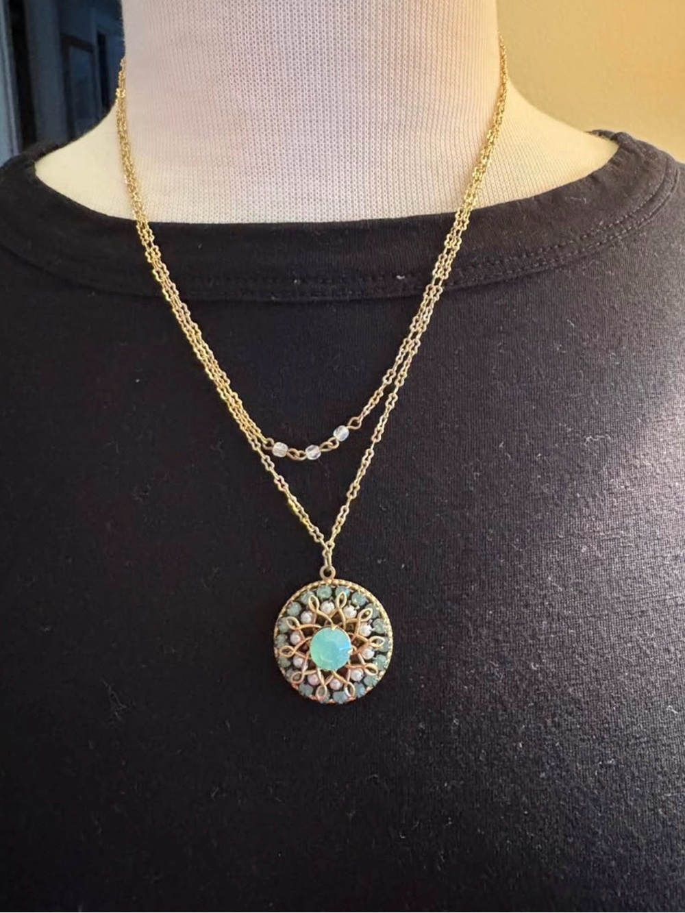 Clara Beau Gold-Tone Layered Pendant Necklace with Pearl and Turquoise Gemstones